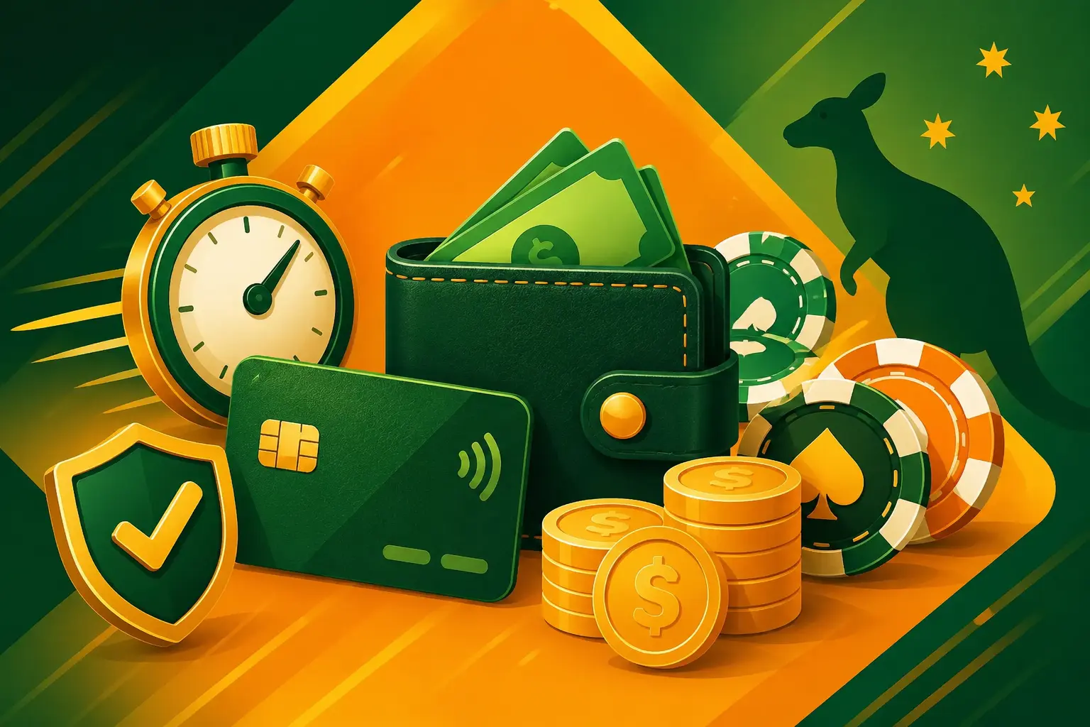 Casino wallet, payment card, coins, chips and payout timer